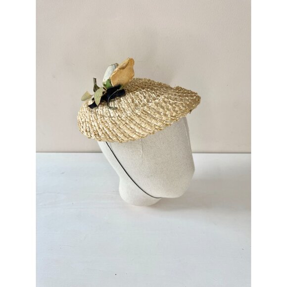 Vintage Raffia Straw Black Velvet Ribbon Yellow Faux Flower Juliet Hat - Picture 3 of 15
